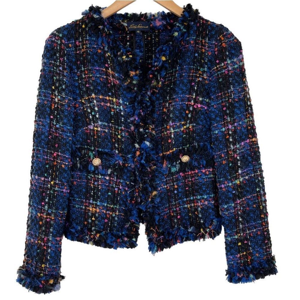 Luisa Spagnoli Tweed Jacket Fringe Wool Blend Women Size 40 Blue Office Business